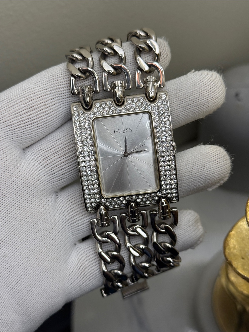 GUESS oversized Silver Crystal-Embellished women’s Chain Bracelet Watch